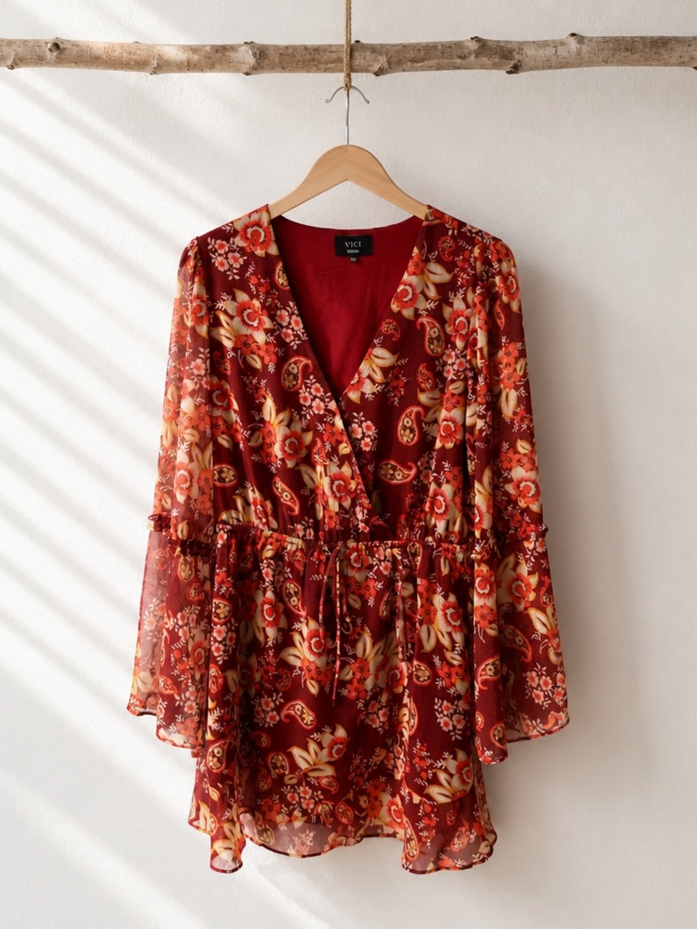 VICI Burgundy Floral Wrap Romper Dress with Bell Sleeves